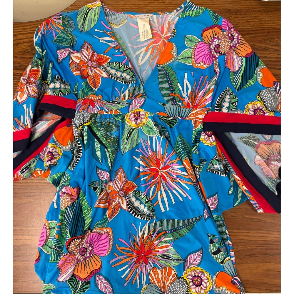 Trina Turk Floral Kimono Sleeve Swim Cover Up Dress Blue Multi Small TT9HA50
